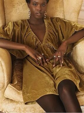 Free People Portia Velvet Mini Mustard Yellow Balloon Sleeve V-Neck Fall